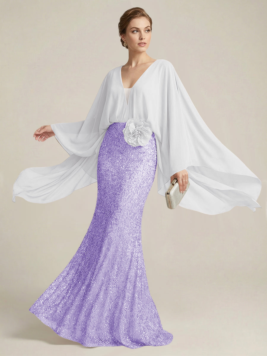 Mermaid Chic V Neck Long Flying Sleeve Floor-Length Mother of the Bride Dresses Party Gown with Flower (SHI22500229)