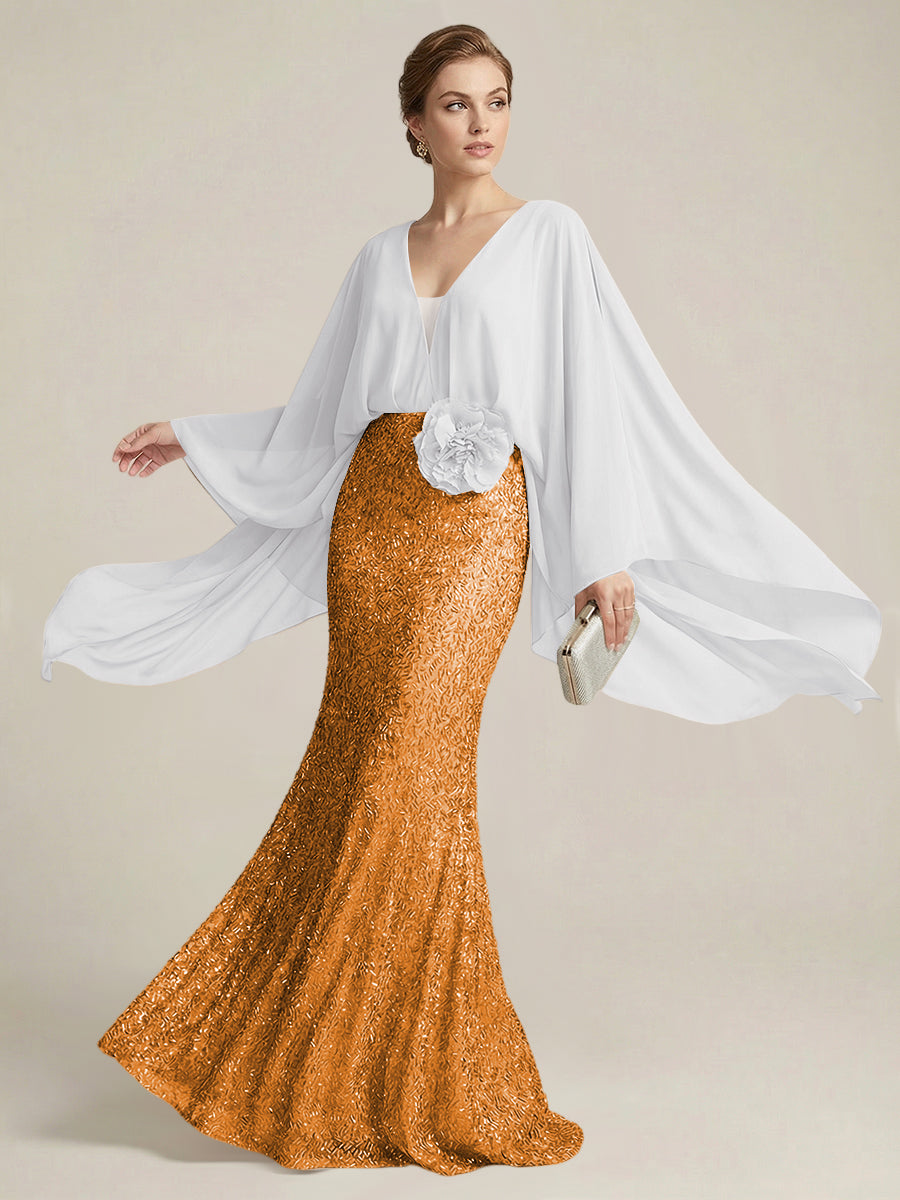 Mermaid Chic V Neck Long Flying Sleeve Floor-Length Mother of the Bride Dresses Party Gown with Flower (SHI22500229)