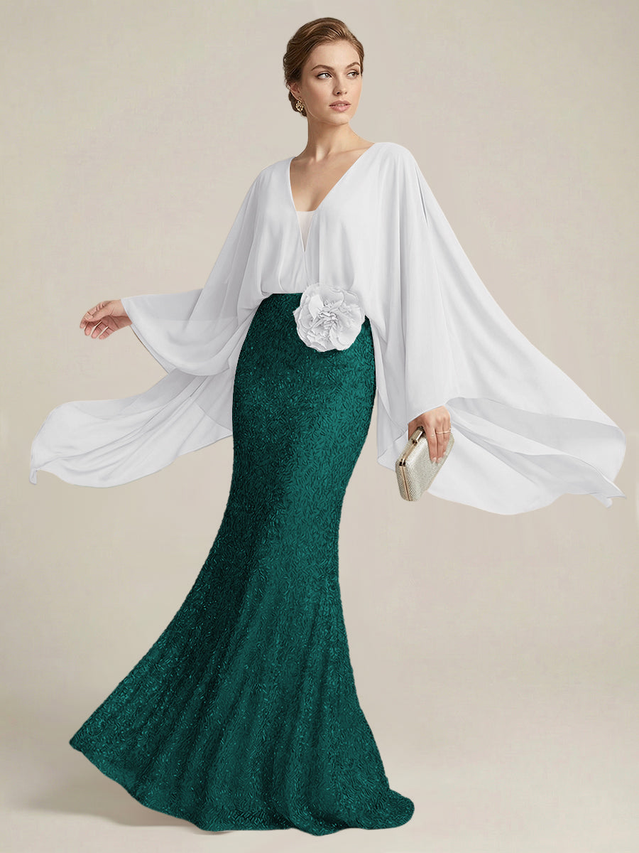 Mermaid Chic V Neck Long Flying Sleeve Floor-Length Mother of the Bride Dresses Party Gown with Flower (SHI22500229)