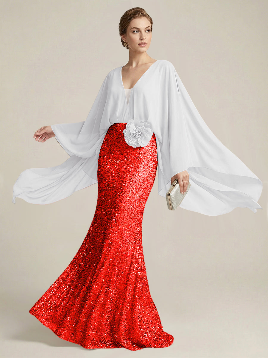 Mermaid Chic V Neck Long Flying Sleeve Floor-Length Mother of the Bride Dresses Party Gown with Flower (SHI22500229)