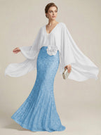 Mermaid Chic V Neck Long Flying Sleeve Floor-Length Mother of the Bride Dresses Party Gown with Flower (SHI22500229)