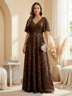 A Line V Neck Short Sleeve Chiffon Ruched Mother of the Bride Dresses with Sequin Embroidery (SHI22500231)