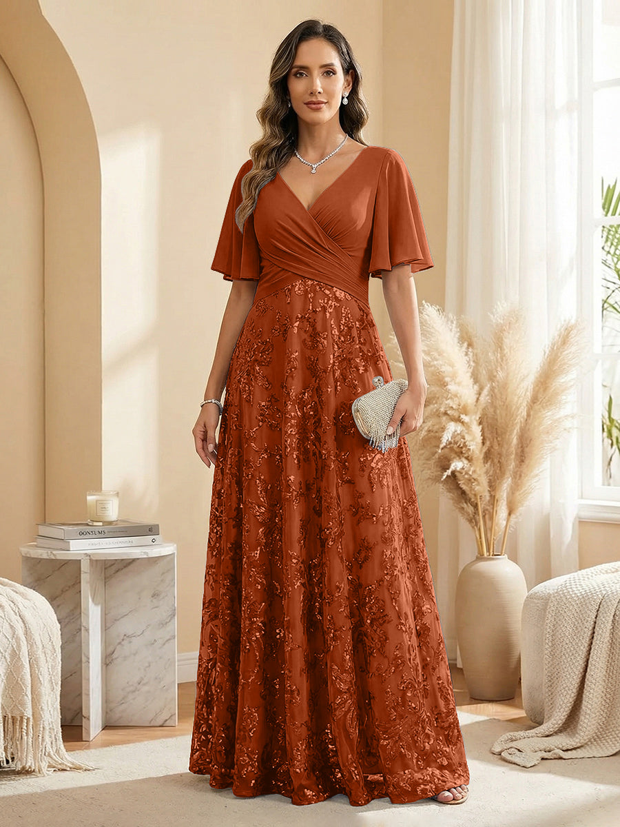 A Line V Neck Short Sleeve Chiffon Ruched Mother of the Bride Dresses with Sequin Embroidery (SHI22500231)