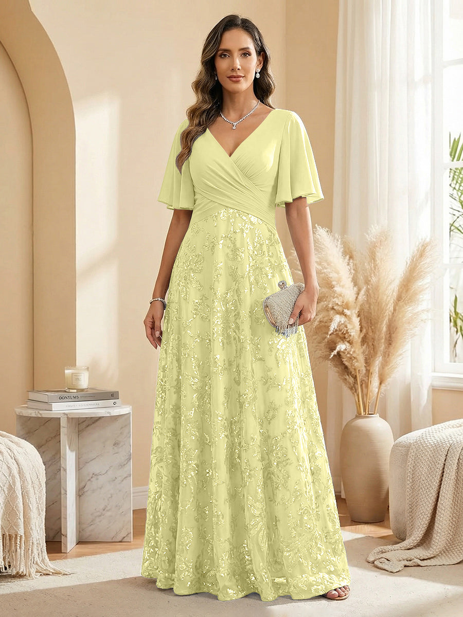A Line V Neck Short Sleeve Chiffon Ruched Mother of the Bride Dresses with Sequin Embroidery (SHI22500231)