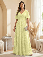 A Line V Neck Short Sleeve Chiffon Ruched Mother of the Bride Dresses with Sequin Embroidery (SHI22500231)