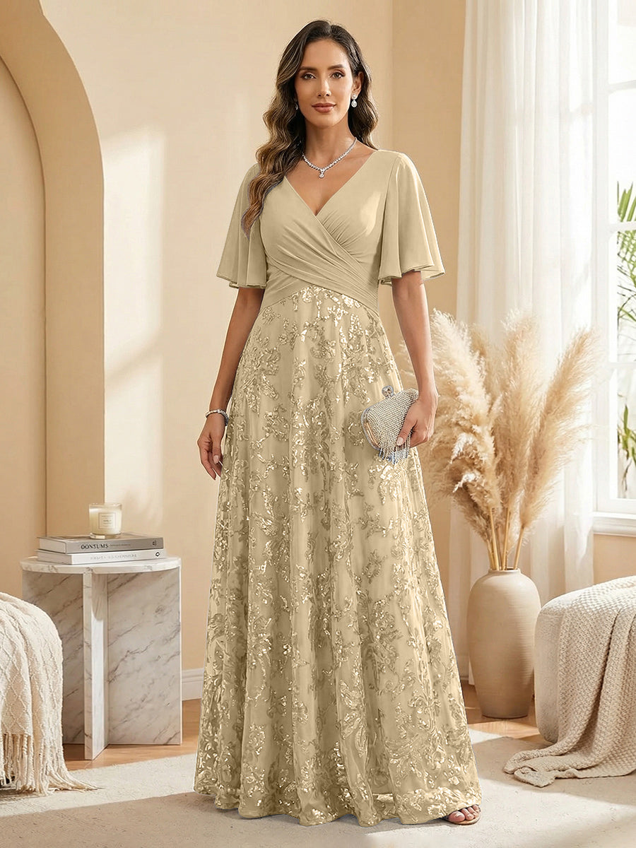 A Line V Neck Short Sleeve Chiffon Ruched Mother of the Bride Dresses with Sequin Embroidery (SHI22500231)