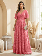 A Line V Neck Short Sleeve Chiffon Ruched Mother of the Bride Dresses with Sequin Embroidery (SHI22500231)