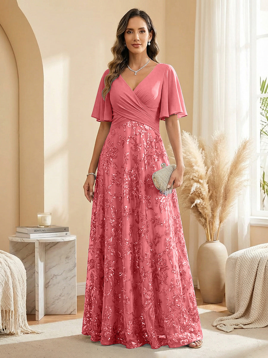 A Line V Neck Short Sleeve Chiffon Ruched Mother of the Bride Dresses with Sequin Embroidery (SHI22500231)