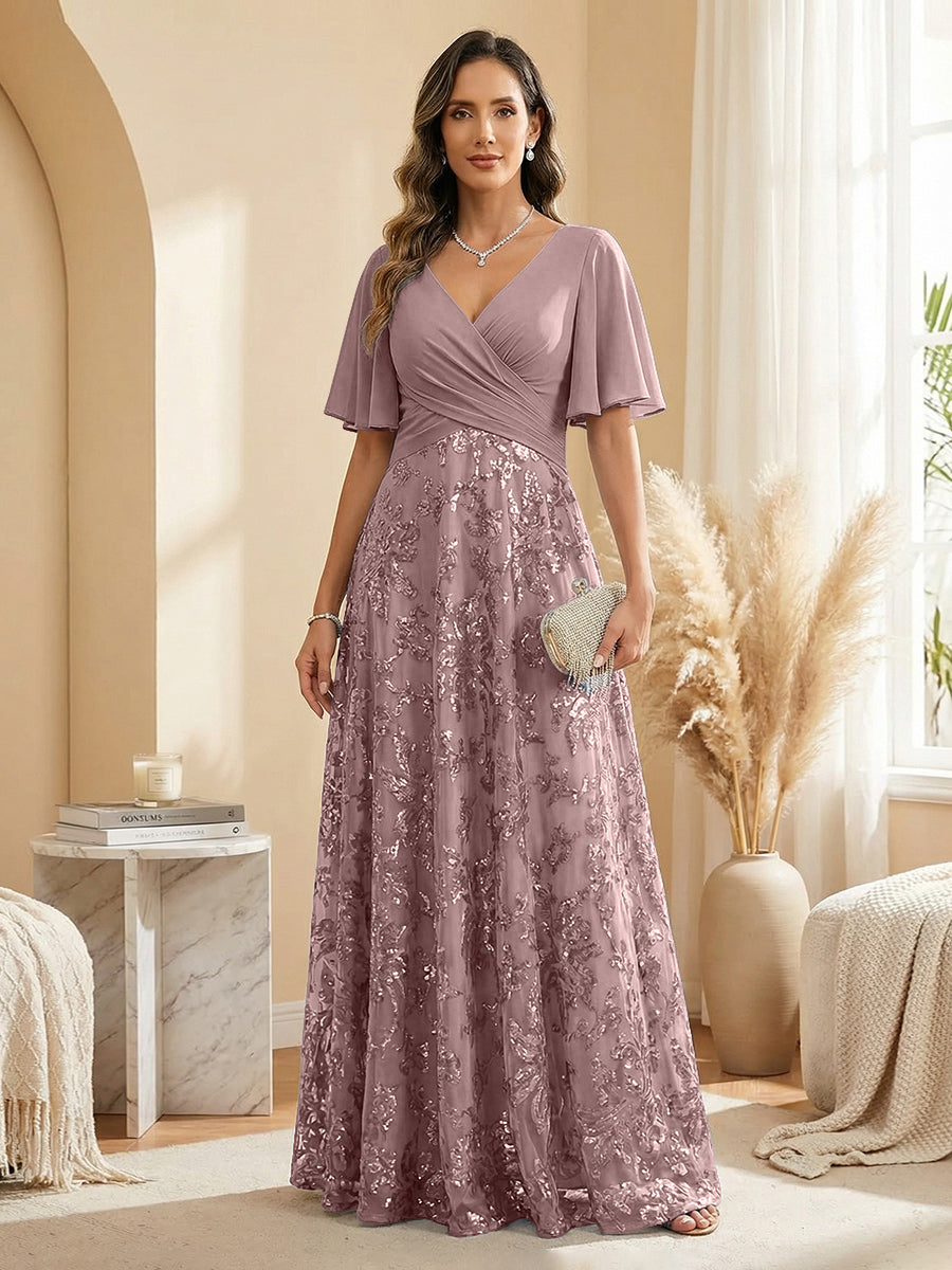 A Line V Neck Short Sleeve Chiffon Ruched Mother of the Bride Dresses with Sequin Embroidery (SHI22500231)