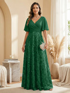 A Line V Neck Short Sleeve Chiffon Ruched Mother of the Bride Dresses with Sequin Embroidery (SHI22500231)
