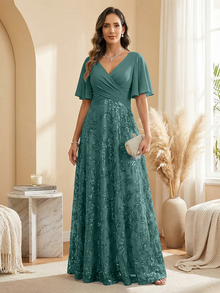 A Line V Neck Short Sleeve Chiffon Ruched Mother of the Bride Dresses with Sequin Embroidery (SHI22500231)