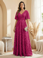 A Line V Neck Short Sleeve Chiffon Ruched Mother of the Bride Dresses with Sequin Embroidery (SHI22500231)