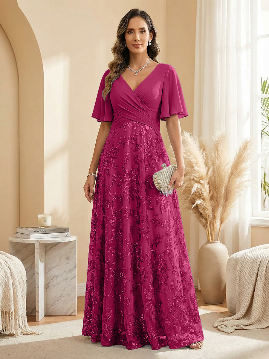 A Line V Neck Short Sleeve Chiffon Ruched Mother of the Bride Dresses with Sequin Embroidery (SHI22500231)