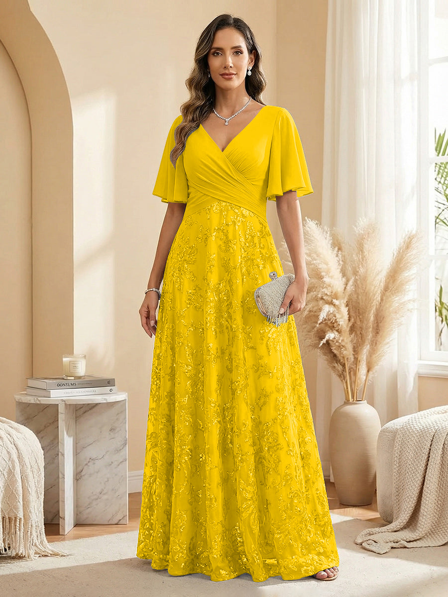 A Line V Neck Short Sleeve Chiffon Ruched Mother of the Bride Dresses with Sequin Embroidery (SHI22500231)