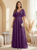 A Line V Neck Short Sleeve Chiffon Ruched Mother of the Bride Dresses with Sequin Embroidery (SHI22500231)