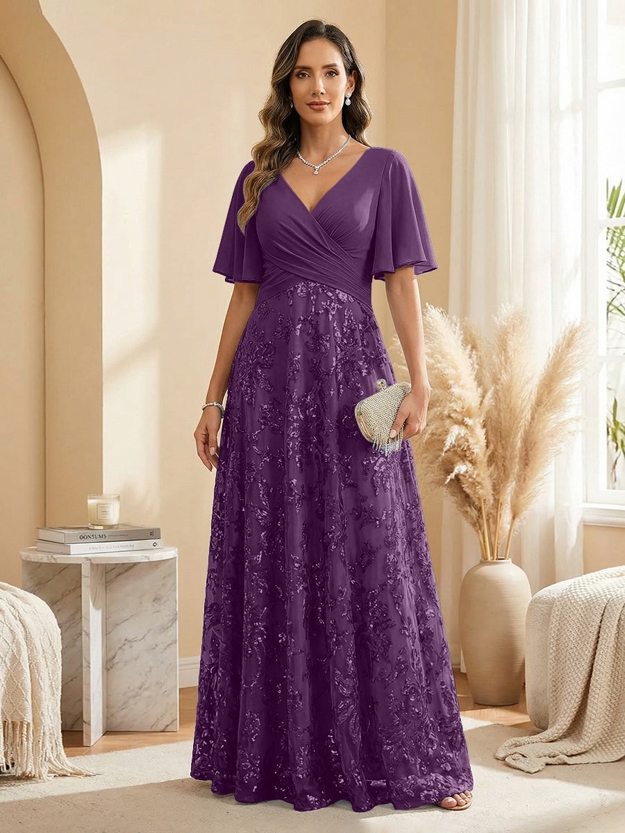 A Line V Neck Short Sleeve Chiffon Ruched Mother of the Bride Dresses with Sequin Embroidery (SHI22500231)