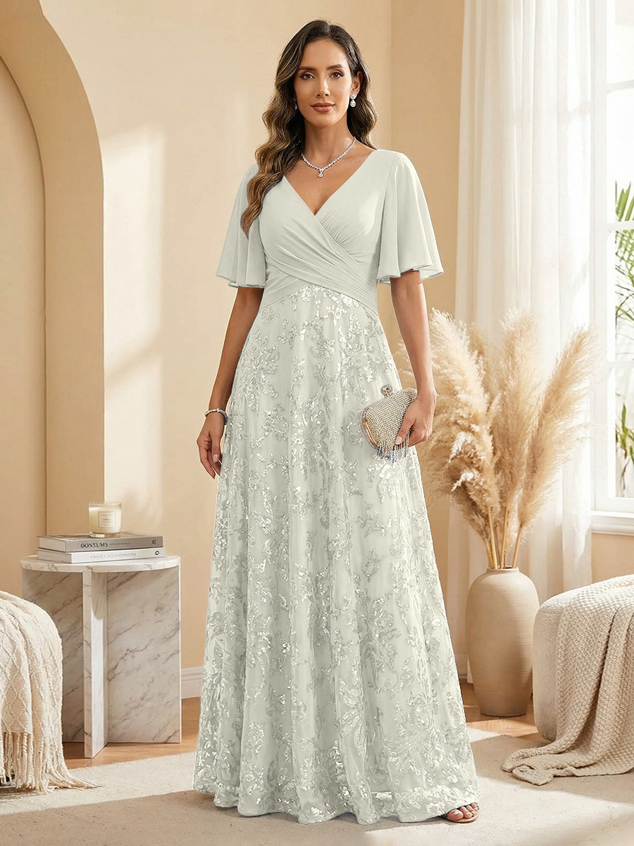 A Line V Neck Short Sleeve Chiffon Ruched Mother of the Bride Dresses with Sequin Embroidery (SHI22500231)