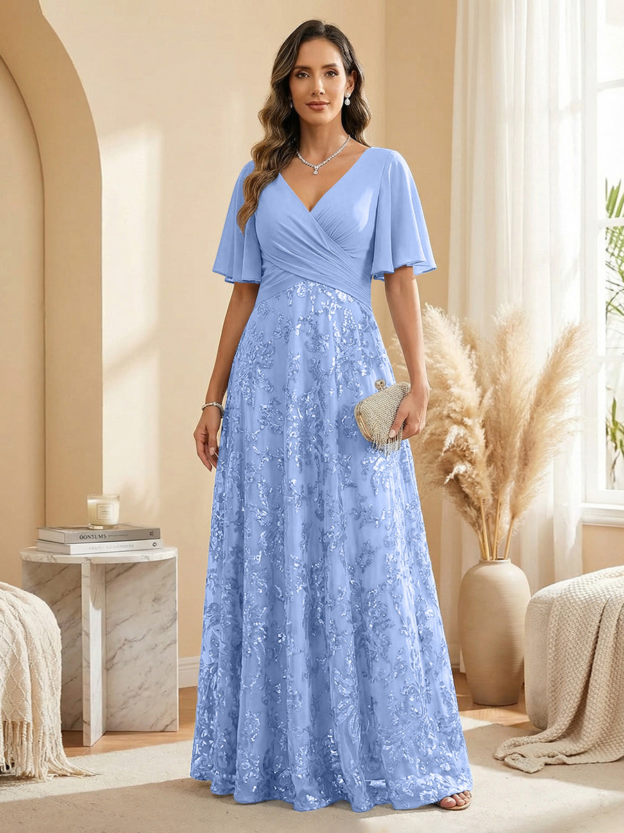 A Line V Neck Short Sleeve Chiffon Ruched Mother of the Bride Dresses with Sequin Embroidery (SHI22500231)
