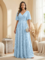 A Line V Neck Short Sleeve Chiffon Ruched Mother of the Bride Dresses with Sequin Embroidery (SHI22500231)