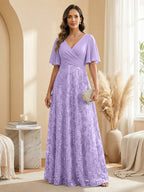 A Line V Neck Short Sleeve Chiffon Ruched Mother of the Bride Dresses with Sequin Embroidery (SHI22500231)