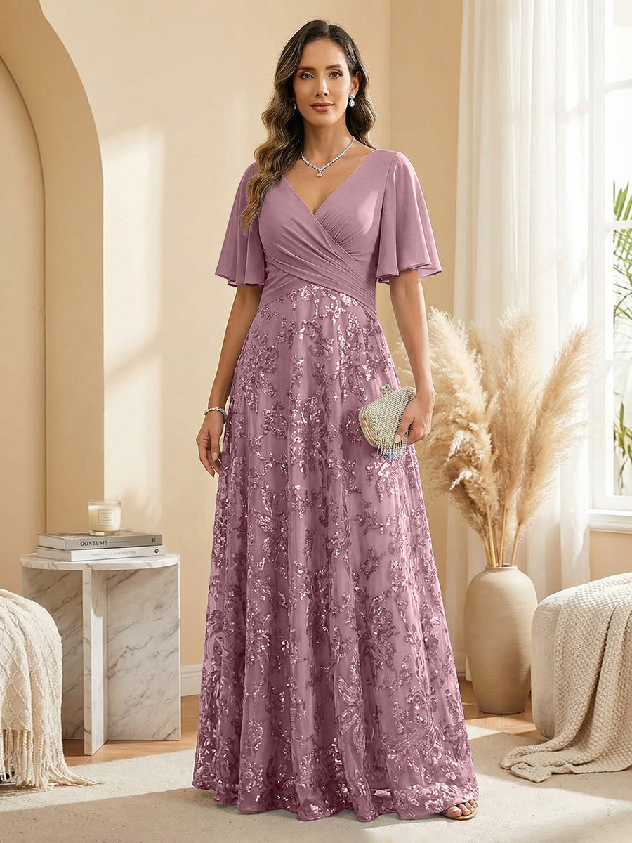 A Line V Neck Short Sleeve Chiffon Ruched Mother of the Bride Dresses with Sequin Embroidery (SHI22500231)