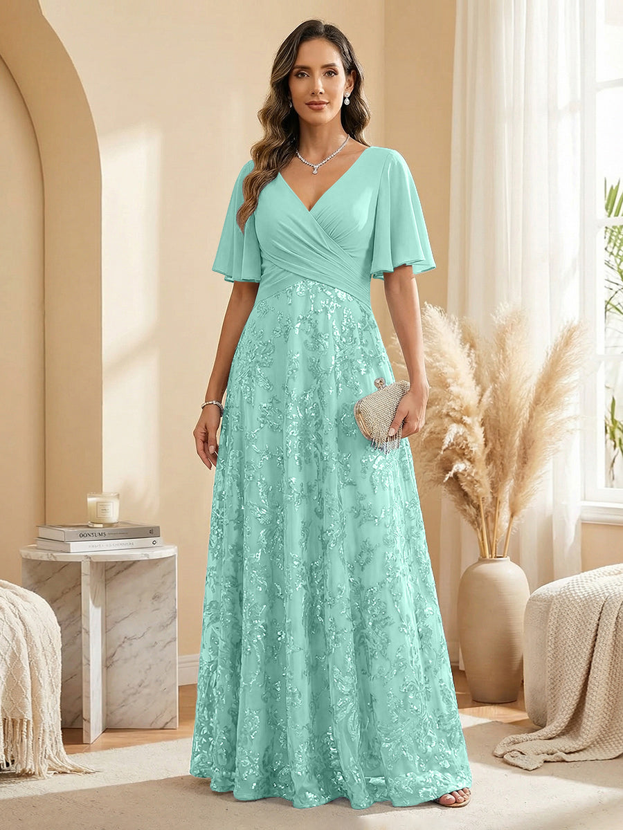 A Line V Neck Short Sleeve Chiffon Ruched Mother of the Bride Dresses with Sequin Embroidery (SHI22500231)