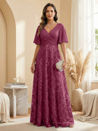 A Line V Neck Short Sleeve Chiffon Ruched Mother of the Bride Dresses with Sequin Embroidery (SHI22500231)