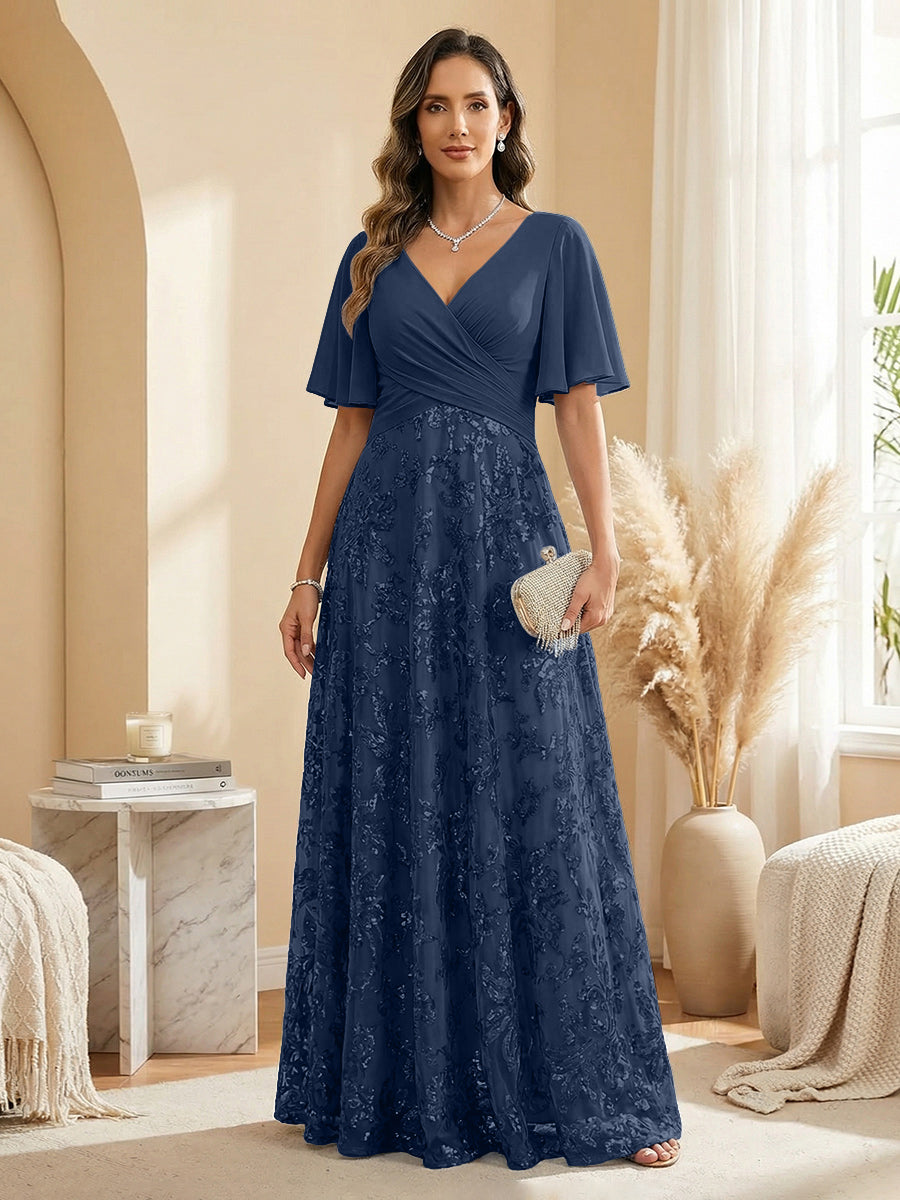 A Line V Neck Short Sleeve Chiffon Ruched Mother of the Bride Dresses with Sequin Embroidery (SHI22500231)