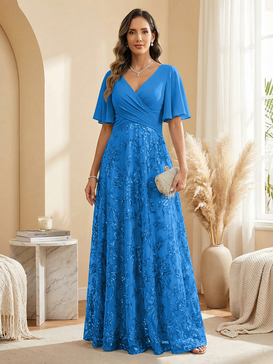 A Line V Neck Short Sleeve Chiffon Ruched Mother of the Bride Dresses with Sequin Embroidery (SHI22500231)