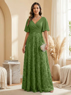 A Line V Neck Short Sleeve Chiffon Ruched Mother of the Bride Dresses with Sequin Embroidery (SHI22500231)