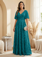 A Line V Neck Short Sleeve Chiffon Ruched Mother of the Bride Dresses with Sequin Embroidery (SHI22500231)