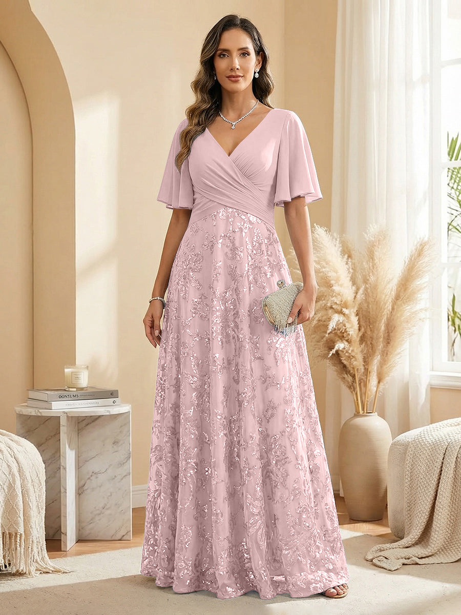 A Line V Neck Short Sleeve Chiffon Ruched Mother of the Bride Dresses with Sequin Embroidery (SHI22500231)