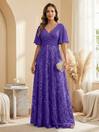 A Line V Neck Short Sleeve Chiffon Ruched Mother of the Bride Dresses with Sequin Embroidery (SHI22500231)