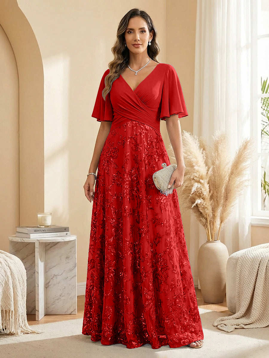 A Line V Neck Short Sleeve Chiffon Ruched Mother of the Bride Dresses with Sequin Embroidery (SHI22500231)