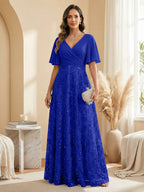A Line V Neck Short Sleeve Chiffon Ruched Mother of the Bride Dresses with Sequin Embroidery (SHI22500231)