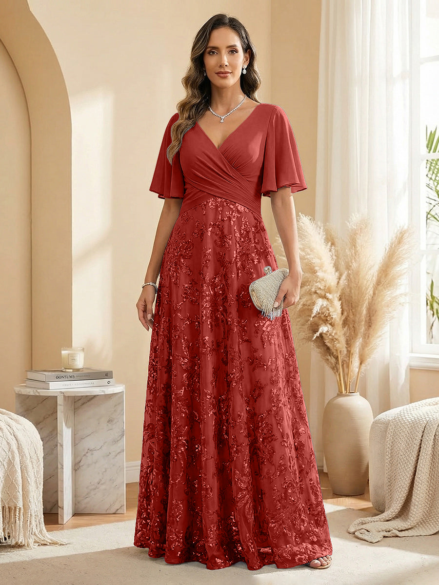 A Line V Neck Short Sleeve Chiffon Ruched Mother of the Bride Dresses with Sequin Embroidery (SHI22500231)