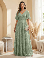 A Line V Neck Short Sleeve Chiffon Ruched Mother of the Bride Dresses with Sequin Embroidery (SHI22500231)