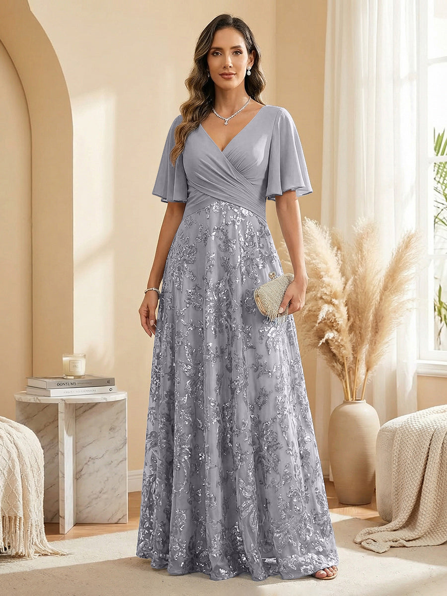 A Line V Neck Short Sleeve Chiffon Ruched Mother of the Bride Dresses with Sequin Embroidery (SHI22500231)