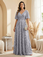 A Line V Neck Short Sleeve Chiffon Ruched Mother of the Bride Dresses with Sequin Embroidery (SHI22500231)