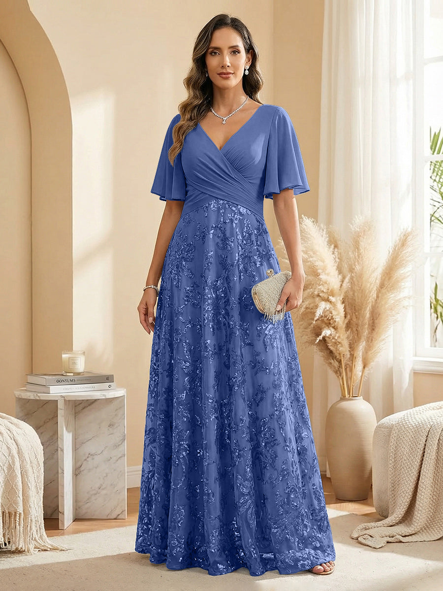 A Line V Neck Short Sleeve Chiffon Ruched Mother of the Bride Dresses with Sequin Embroidery (SHI22500231)