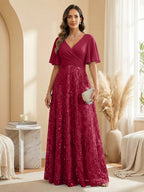 A Line V Neck Short Sleeve Chiffon Ruched Mother of the Bride Dresses with Sequin Embroidery (SHI22500231)