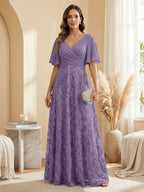 A Line V Neck Short Sleeve Chiffon Ruched Mother of the Bride Dresses with Sequin Embroidery (SHI22500231)