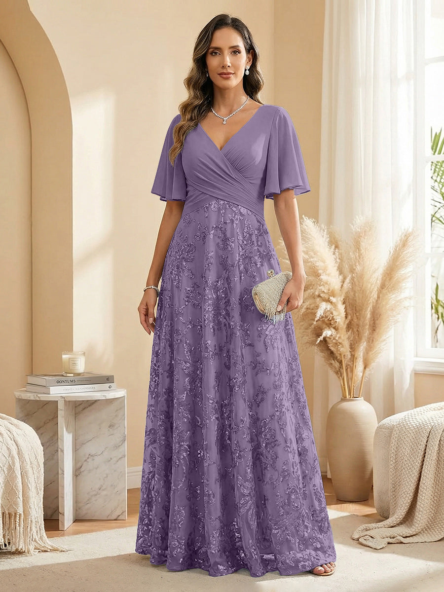 A Line V Neck Short Sleeve Chiffon Ruched Mother of the Bride Dresses with Sequin Embroidery (SHI22500231)