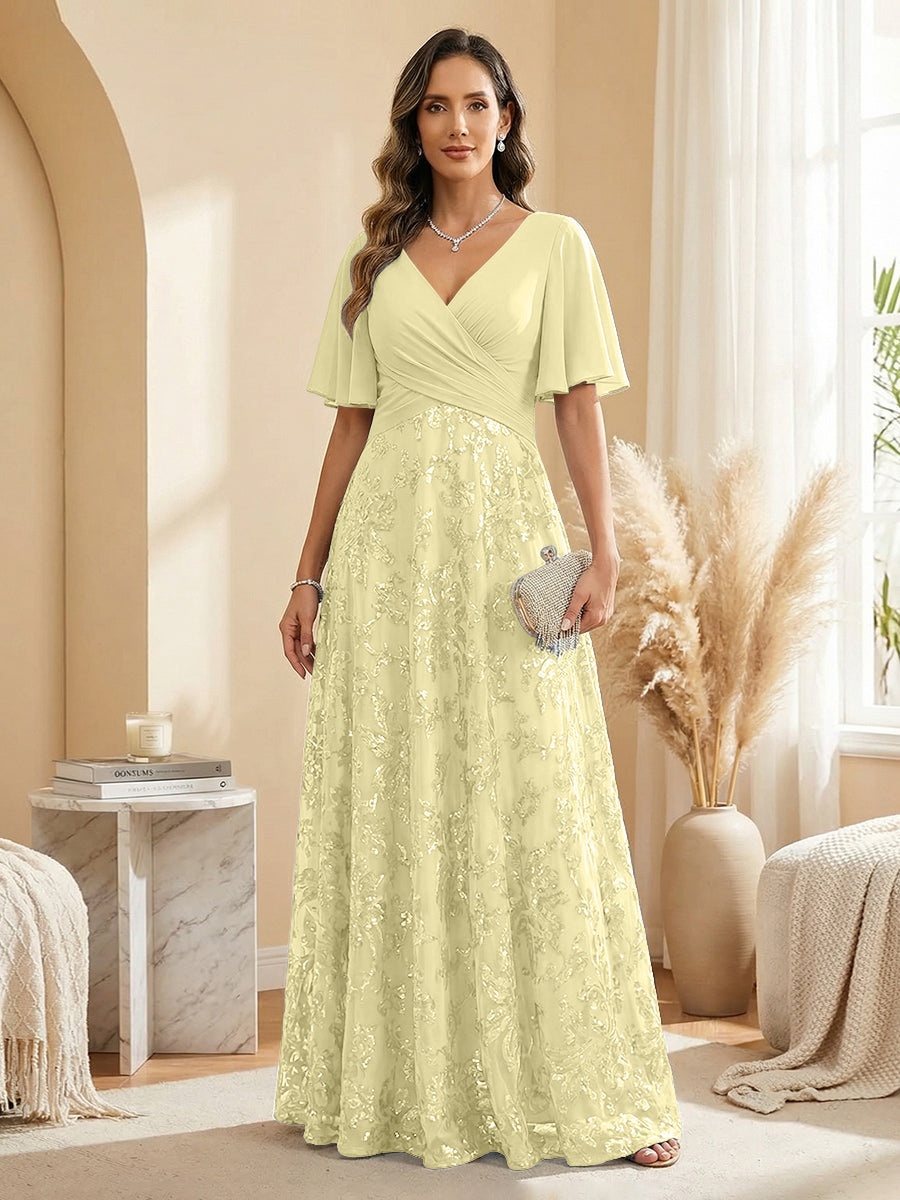 A Line V Neck Short Sleeve Chiffon Ruched Mother of the Bride Dresses with Sequin Embroidery (SHI22500231)