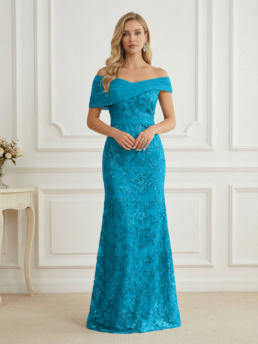 Mermaid Off Shoulder Short Sleeve Long Elegant Mother of the Bride Dresses with Sequin (SHI22500242)