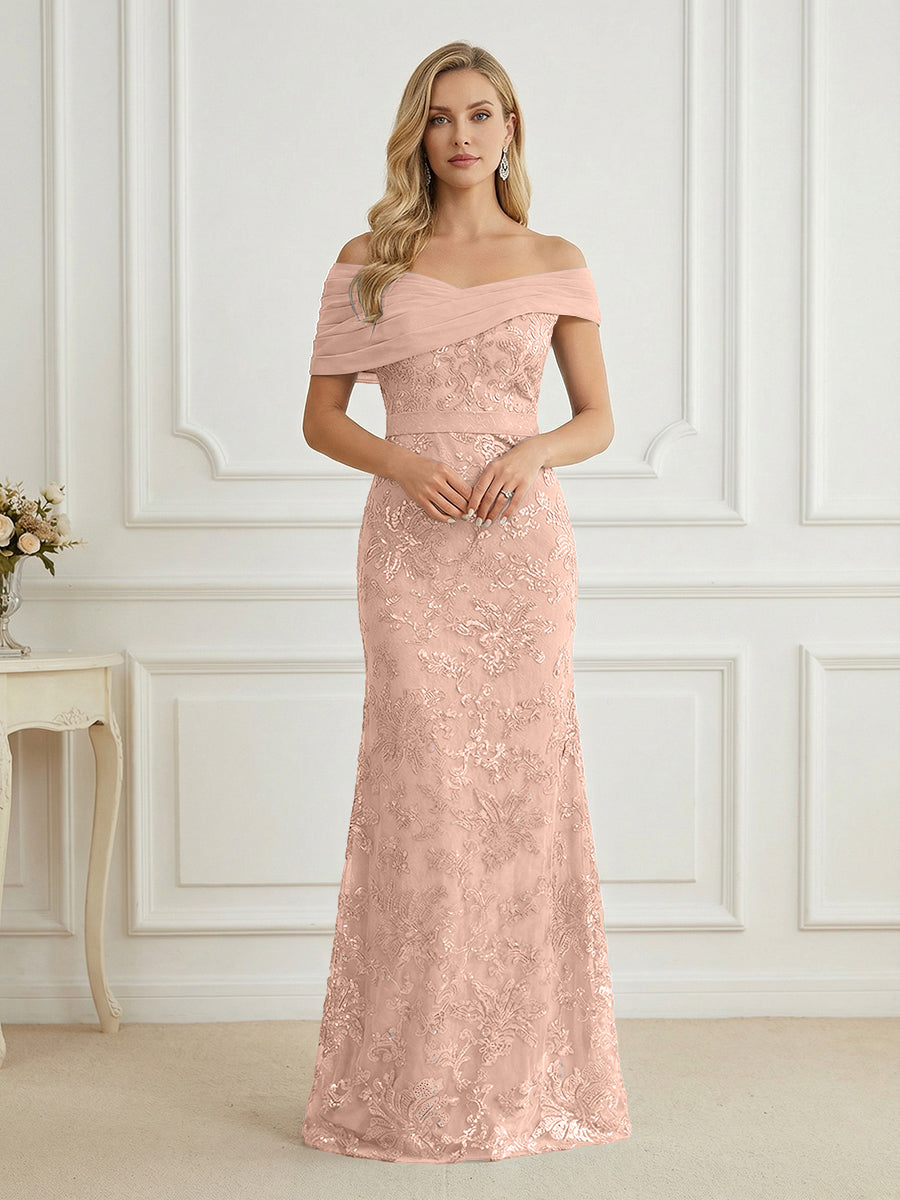 Mermaid Off Shoulder Short Sleeve Long Elegant Mother of the Bride Dresses with Sequin (SHI22500242)