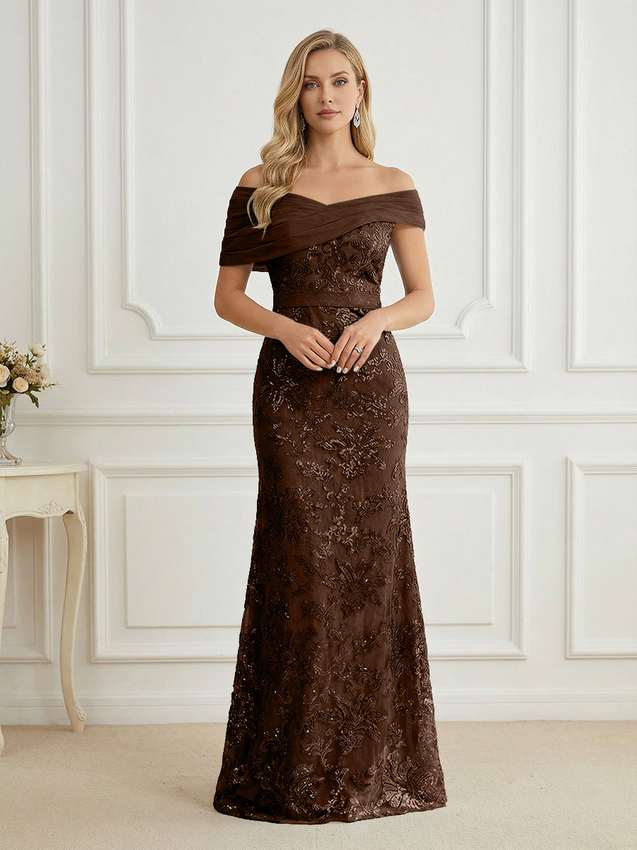 Mermaid Off Shoulder Short Sleeve Long Elegant Mother of the Bride Dresses with Sequin (SHI22500242)