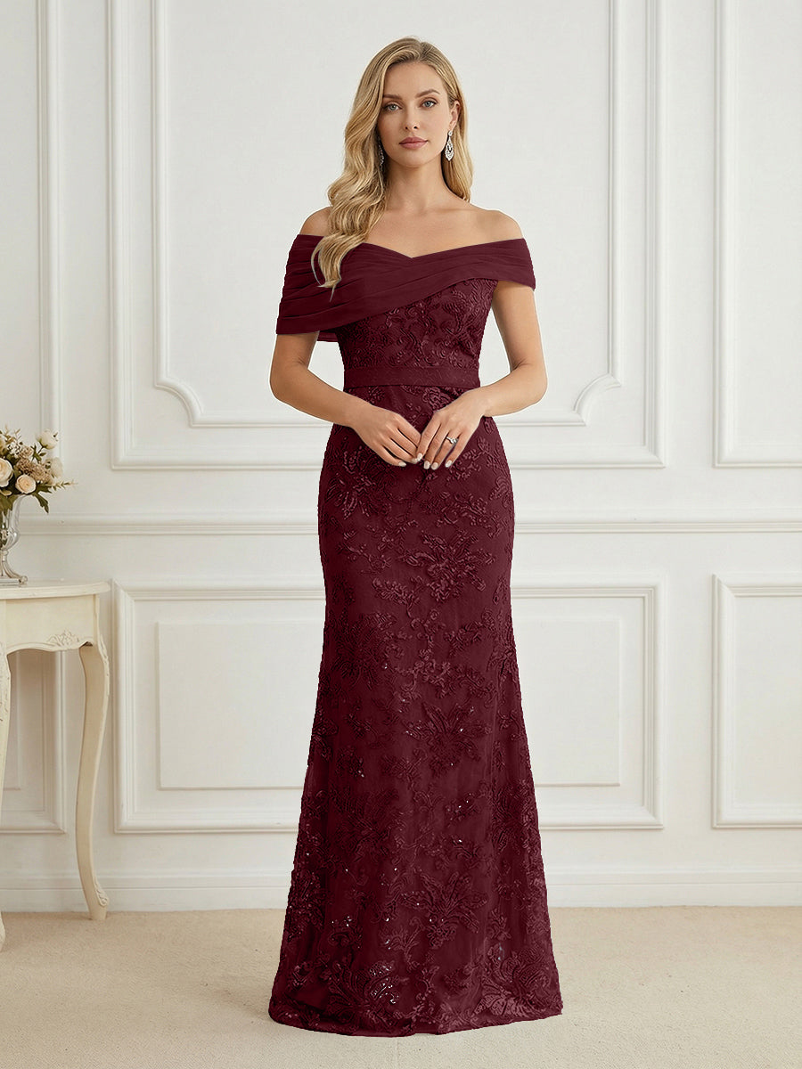 Mermaid Off Shoulder Short Sleeve Long Elegant Mother of the Bride Dresses with Sequin (SHI22500242)