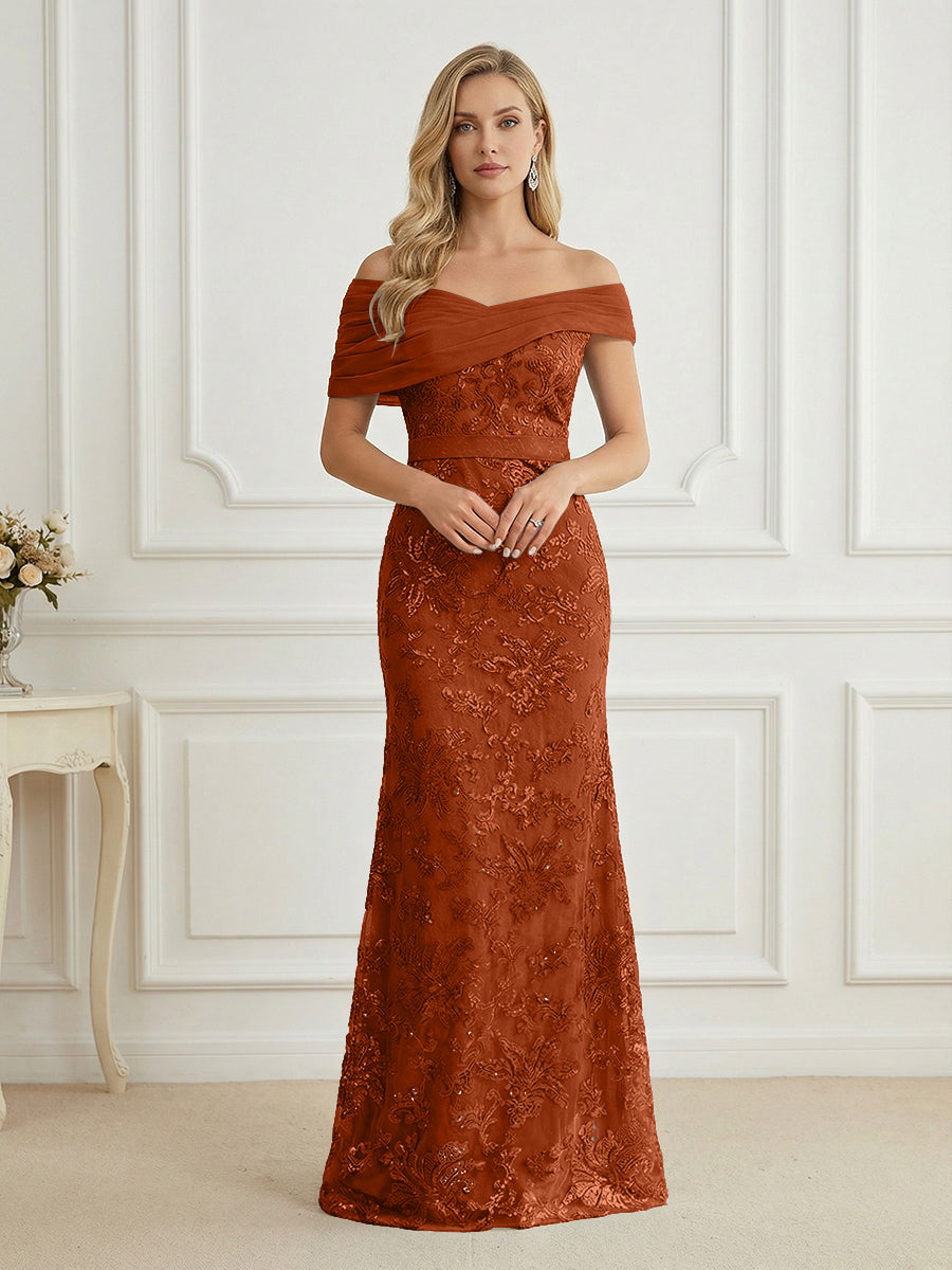 Mermaid Off Shoulder Short Sleeve Long Elegant Mother of the Bride Dresses with Sequin (SHI22500242)