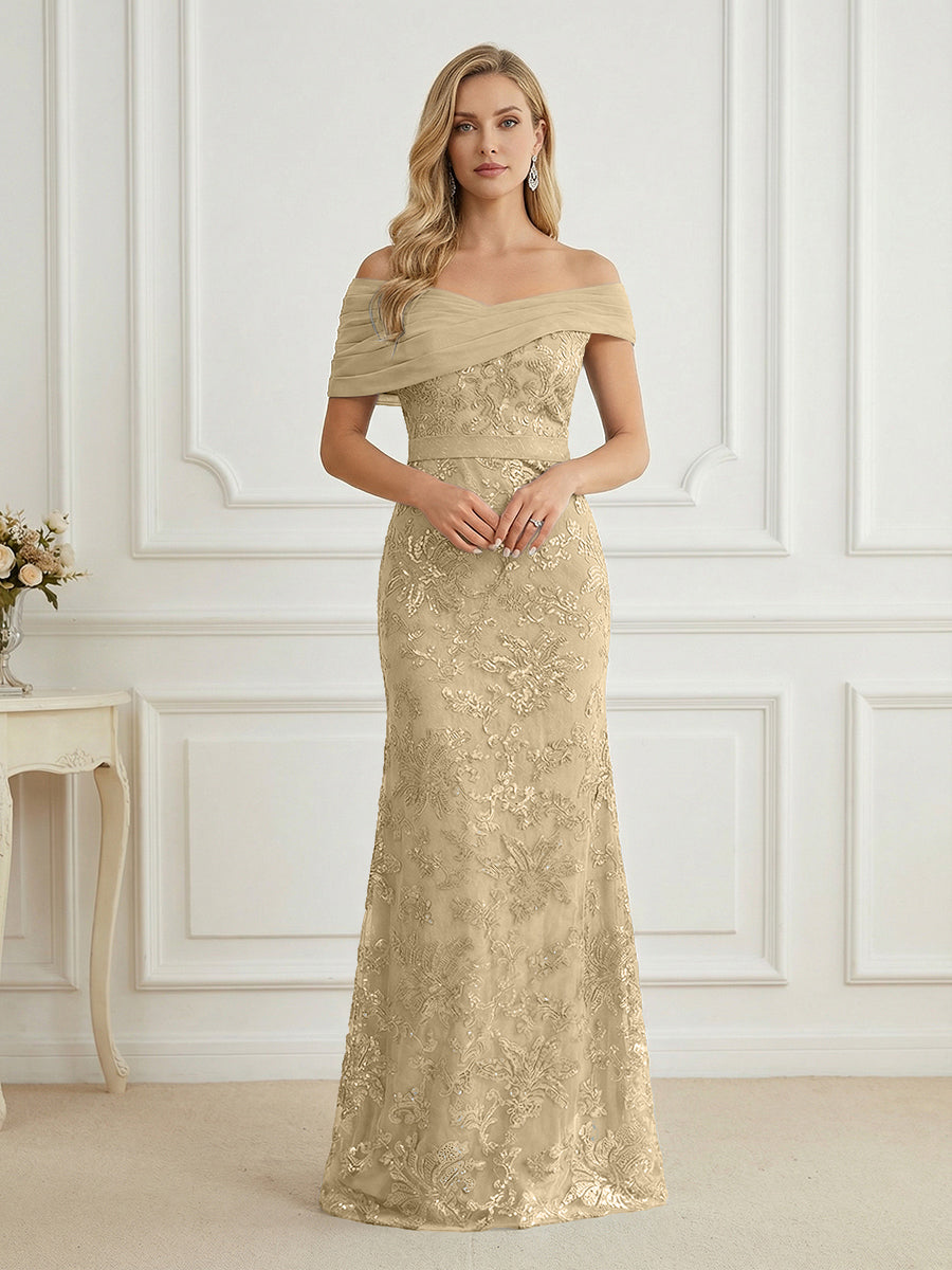 Mermaid Off Shoulder Short Sleeve Long Elegant Mother of the Bride Dresses with Sequin (SHI22500242)